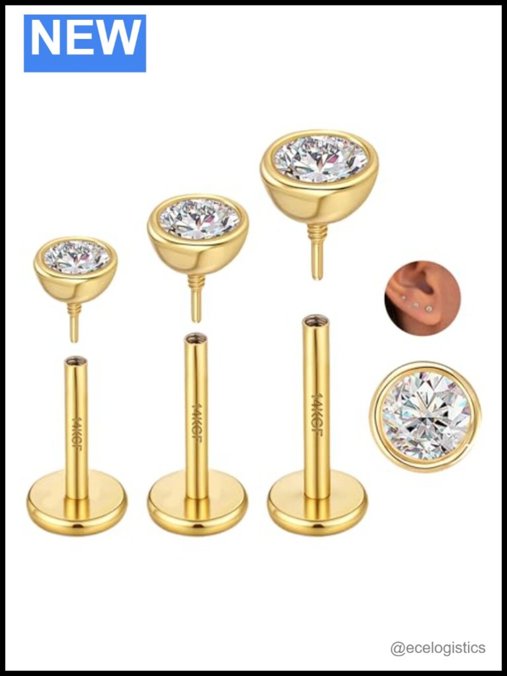 Moissanite Cartilage Earrings 3PCS 18G Titanium Stud Set